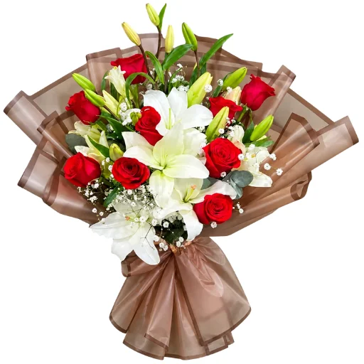 Ramo de flores rosas importadas y lilium lirio blanco